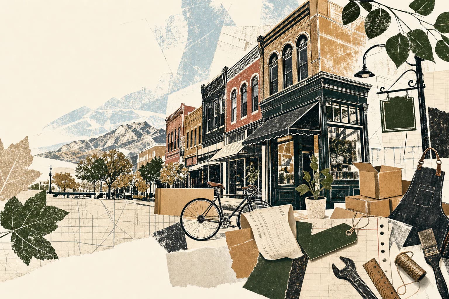 Editorial illustration combining an invented Fort Collins streetscape with a bicycle, shipping boxes, maker tools, ledger paper, leaves, and foothills.
