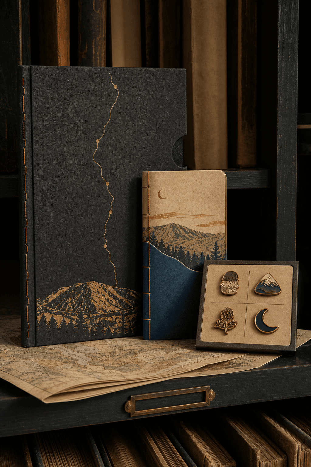 Pocket field guide arranged with archive objects