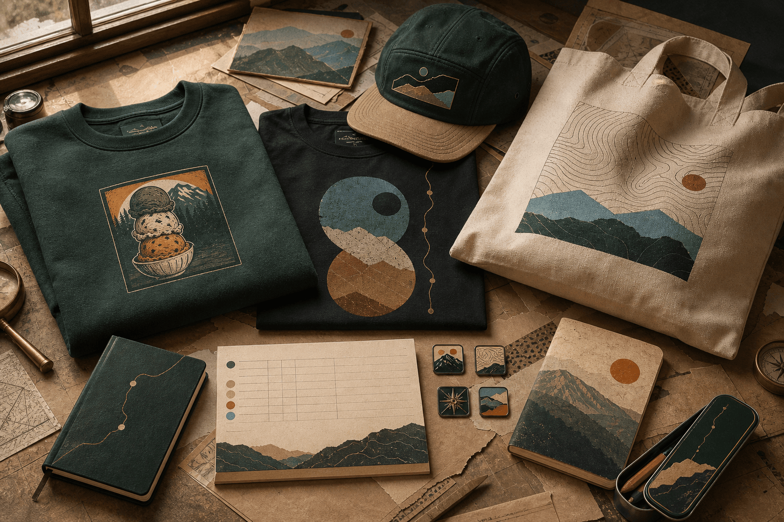 The opening Field Shop collection arranged on an editorial worktable