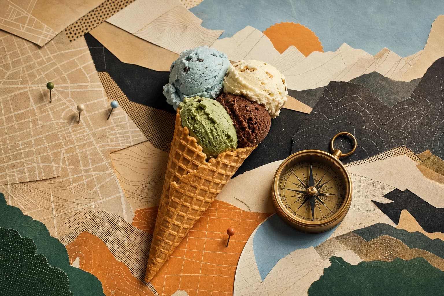 Editorial atlas collage with cones, mountains, route lines, and field notes