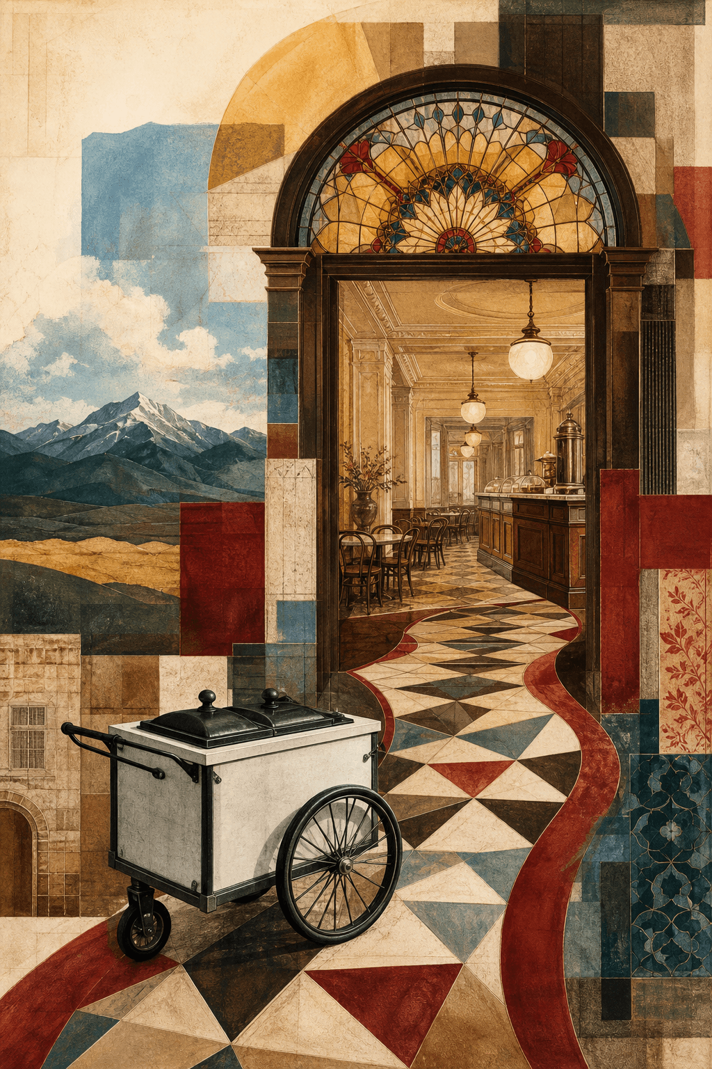 Conceptual black-and-white dessert cart follows a patterned path toward an imagined vintage parlor beneath a leaded-glass arch.