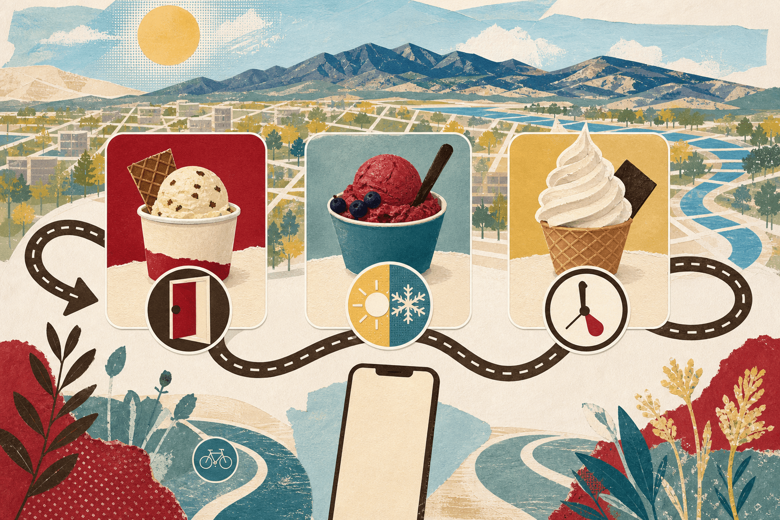 Conceptual city outing planner with three generic frozen-dessert cards, seasonal and clock cues, looping paths, foothills, and a blank phone.