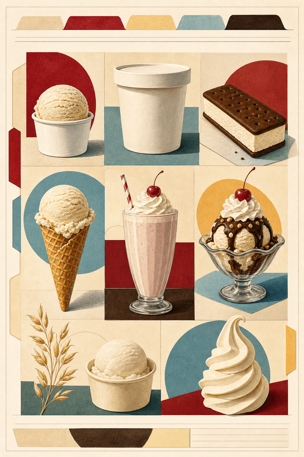 Wordless illustrated specimen board of generic cups, pint, ice-cream sandwich, cone, shake, sundae, oat stalk, and custard swirl.
