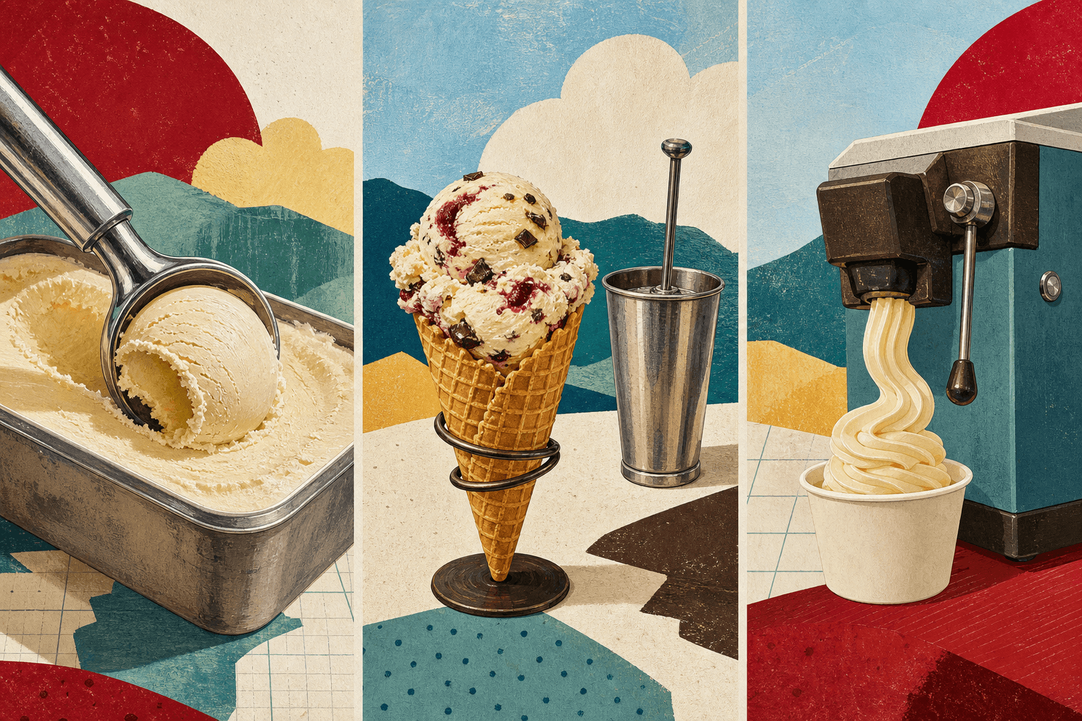 Wordless triptych of a scoop cutting hard-packed ice cream, a cone beside a shake cup, and a generic machine dispensing frozen custard.