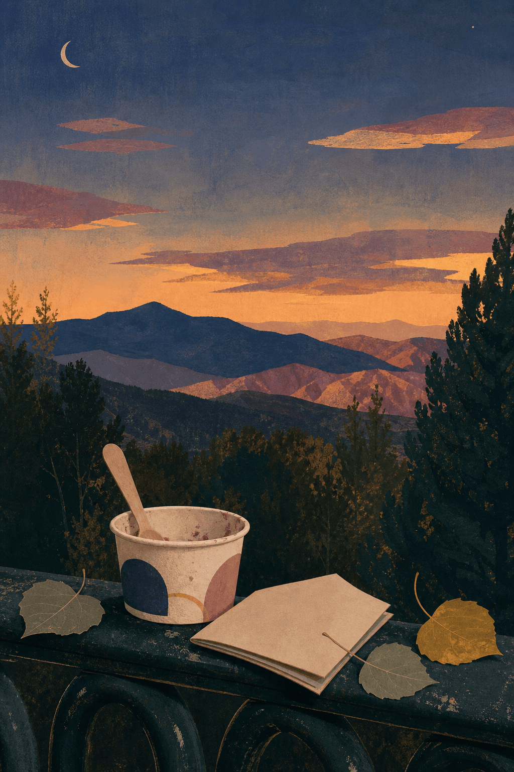 Blue-hour foothills artwork used as the newsstand crate concept backdrop